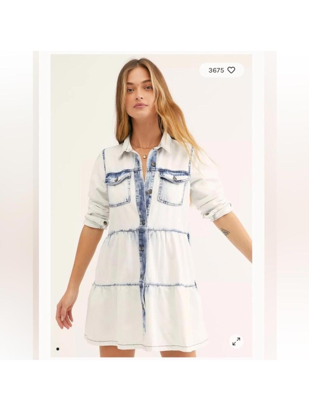 Free People Nicole Denim Shirtdress in a light wash with a tiered Bottom Medium